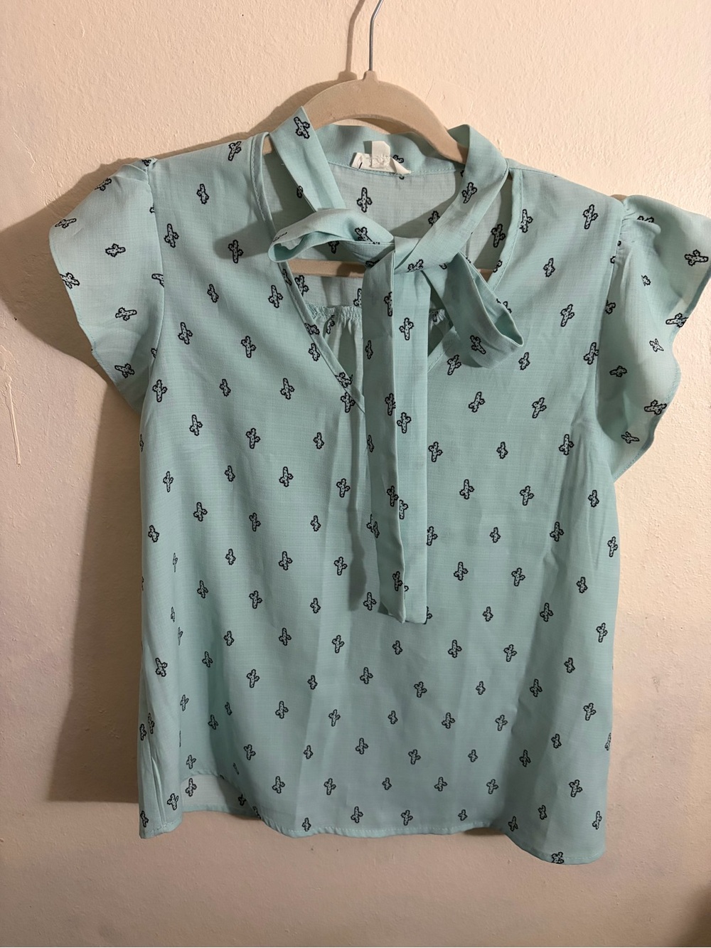 mine Light Teal Bow Tie Short Sleeve Blouse